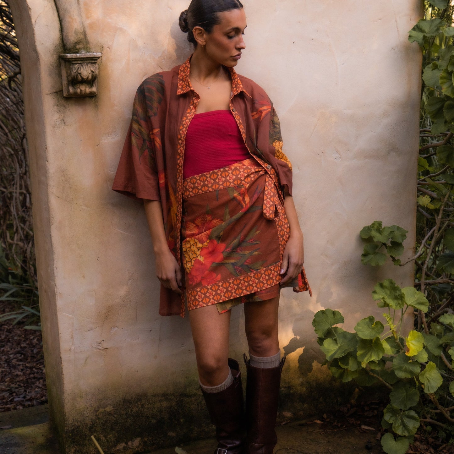 Cuban Tropical Wrap Skirt - Coffee